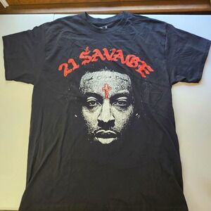 21 Savage Mens Double-Sided Graphic T-Shirt Black Crew Neck Sz L 100% Cotton